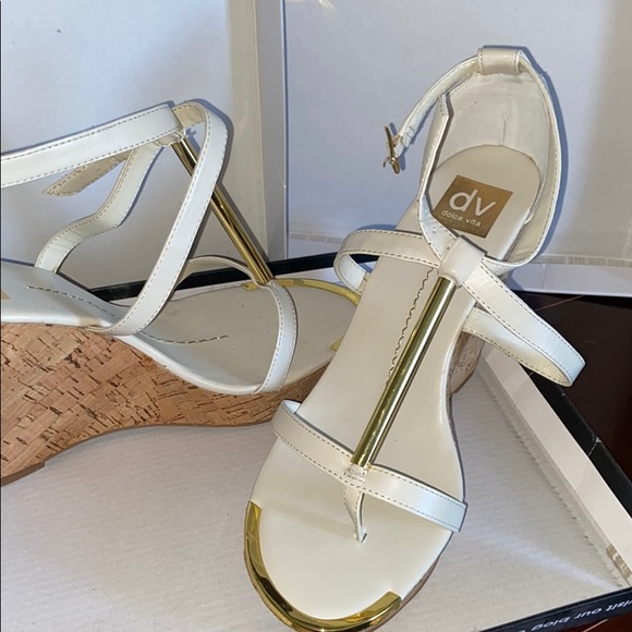 Dolce Vita gold, white strapped wedge sandals. - Picture 5 of 7